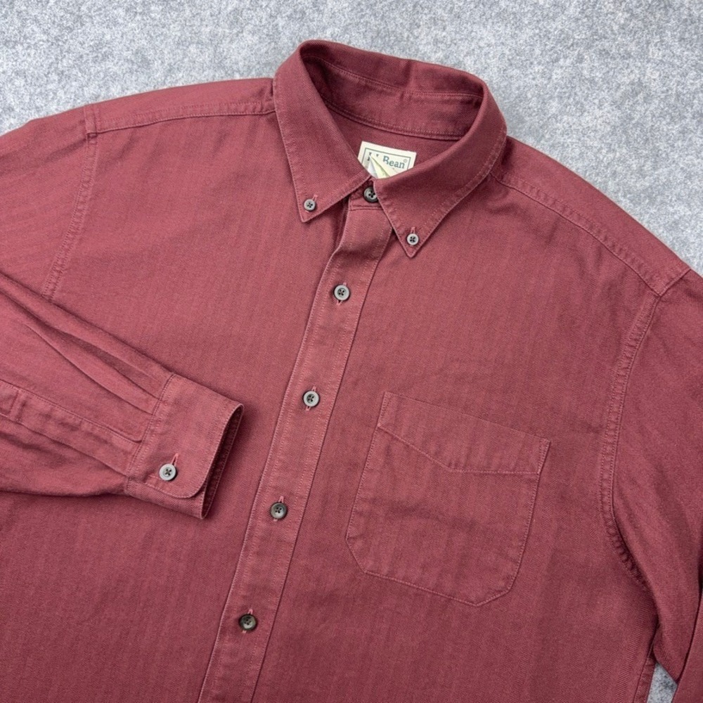 LL Bean Shirt Mens Medium Burgundy Herringbone Cotton Outdoor Button Down Y2K
